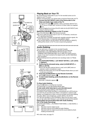 Page 4141
A.DUB;A.DUB!12
3
4
ZOOM
INDEX INDEX
SELECT
STOPKL∫
OSD
COUNTER
V/REW
STILL ADV
DATE/
TIME
RESET
TITLE T
W
sVOLr¥RECMULTI/
P-IN-PPHOTO
SHOTSTART/
STOP
A.DUB
PLAY
PAU S E
FF/W
STILL ADV61 5
;ED
VAR.
SEARCHP. B .
ZOOM
1, 2
MENUPUSHSHUTTER/IRIS/
VOL/JOG
Playing Back on Your TV
By connecting your Palmcorder to your TV, the recorded scenes can be 
viewed on your TV screen.
≥Before connecting them, turn off the power of both the Palmcorder and TV.
1Connect the [A/V IN/OUT] Jack of the Palmcorder to the...