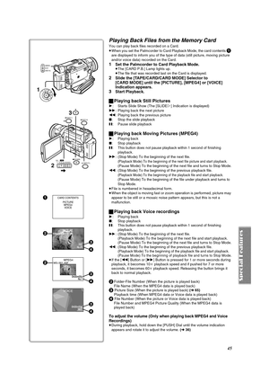 Page 4545
Playing Back Files from the Memory Card
You can play back files recorded on a Card.
≥When you set the Palmcorder to Card Playback Mode, the card contents 
1 
are displayed to inform you of the type of data (still picture, moving picture 
and/or voice data) recorded on the Card.
1Set the Palmcorder to Card Playback Mode.≥ The [CARD P.B.] Lamp lights up.
≥ The file that was recorded last on the Card is displayed.
2Slide the [TAPE/CARD/CARD MODE] Selector to 
[CARD MODE] until the [PICTURE], [MPEG4] or...