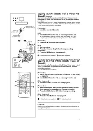 Page 5151
21
[S-VIDEO IN] A
[S-VIDEO OUT] B
[AUDIO IN] A
[AUDIO OUT] B
2, 4, 5
3, 6
[VIDEO IN] A
[VIDEO OUT] B
1, 3, 6
1, 2, 4, 5
ZOOM
INDEX INDEX
SELECT
STORESTOP
OSD
COUNTER
STILL ADV
OFF/ON
P.B.DIGITAL
DATE/
TIME
RESET
TITLE T
WMULTI/
P-IN-PPHOTO
SHOTSTART/
STOP
A.DUB
PLAY
PAUSESTILL ADV
MENU
ITEMSET
VAR.
SEARCHP.B.
ZOOM6 4
53
S-VIDEO
IN/OUT
MIC
A/V IN/OUTPHONES/REMOTE
USB
Copying your DV Cassette to an S-VHS or VHS 
Cassette 
(Dubbing)
After connecting the Palmcorder and the S-Video, Video and Audio 
Input...