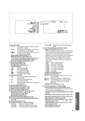 Page 6565
12) Recording Mode
≥AUTO: This appears when Mode Selector Switch is 
set to [AUTO]. (l 24)
≥MNL: This appears when Mode Selector Switch is 
set to [MANUAL]. (l 29, 30, 31)
≥: This appears when Mode Selector Switch is 
set to [AE LOCK]. (l29)
Optical Image Stabilizer [EIS] (l 27)
MEGA EIS Function [  EIS] (l 27)
1.5 Times Tele Jump Zoom Function [ ] (l 26)
Audio Dubbing Input Display [MIC/AV IN] (l 41)
Audio Recording Mode [12bit/16bit] (l 23)
13) Manual Focus [MF] (l 30)
Backlight Mode [ª] (l 28)
Low...