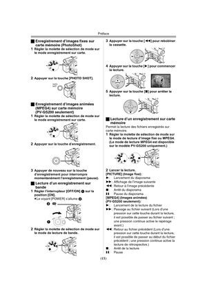 Page 109Préface
(11) ªEnregistrement d’images fixes sur 
carte mémoire (PhotoShot)
1
Régler la molette de sélection de mode sur 
le mode enregistrement sur carte.
2Appuyer sur la touche [PHOTO SHOT].
ªEnregistrement d’images animées 
(MPEG4) sur carte mémoire 
(PV-GS200 seulement)
1
Régler la molette de sélection de mode sur 
le mode enregistrement sur carte.
2Appuyer sur la touche d’enregistrement.
3Appuyer de nouveau sur la touche 
d’enregistrement pour interrompre 
momentanément l’enregistrement (pause)....