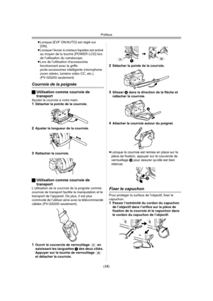 Page 116Préface
(18)
≥Lorsque [EVF ON/AUTO] est réglé sur 
[ON].
≥Lorsque l’écran à cristaux liquides est activé 
au moyen de la touche [POWER LCD] lors 
de l’utilisation du caméscope.
≥Lors de l’utilisation d’accessoires 
fonctionnant avec la griffe 
porte-accessoires intelligente (microphone 
zoom stéréo, lumière vidéo CC, etc.). 
(PV-GS200 seulement)
Courroie de la poignée
ªUtilisation comme courroie de 
transport
Ajuster la courroie à votre main.1Détacher la pointe de la courroie.
2Ajuster la longueur de la...