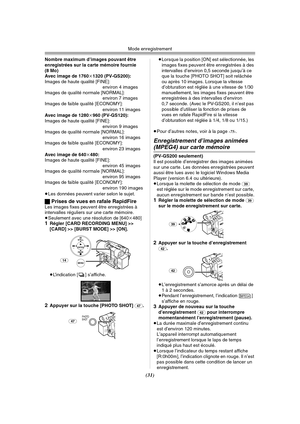 Page 129
Mode enregistrement
(31)
Nombre maximum d’images pouvant être 
enregistrées sur la carte mémoire fournie 
(8 Mo)
Avec image de 1760k1320 (PV-GS200):
Images de haute qualité [FINE]: environ 4 images
Images de qualité normale [NORMAL]: environ 7 images
Images de faible qualité [ECONOMY]:
environ 11 images
Avec image de 1280 k960 (PV-GS120):
Images de haute qualité [FINE]:
environ 9 images
Images de qualité normale [NORMAL]: environ 16 images
Images de faible qualité [ECONOMY]:
environ 23 images
Avec image...