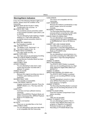 Page 70Others
-70-
Warning/Alarm Indicators
If any one of the following indicators lights up or 
flashes, please check the condition of the 
Camcorder.
3DEW (DEW DETECT/EJECT TAPE):
Condensation has occurred. 
-79-Y (CHECK REC TAB):
The accidental erasure prevention switch 
on the inserted Cassette is open (that is, set 
to [SAVE]).
You are attempting Audio dubbing or Digital 
dubbing on a Tape while setting the 
accidental erasure prevention switch to 
[SAVE].
Y (TAPE NOT INSERTED):
No Cassette in inserted....