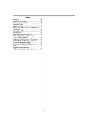 Page 9-9-
Others
Indicators .......................................................  68
Initializing the Modes .....................................  69
Warning/Alarm Indicators ..............................  70
Notes and Hints .............................................  71
Cautions for Use ............................................  78
Before Requesting Service (Problems and 
Solutions) ....................................................  82
Explanation of Terms........................................