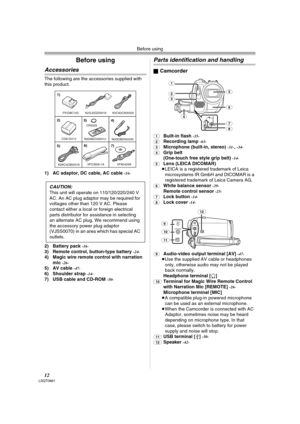 Page 12Before using
12LSQT0861
Before using
Accessories
The following are the accessories supplied with 
this product.
1) AC adaptor, DC cable, AC cable 
-16-
2) Battery pack -16-3) Remote control, button-type battery -24-4) Magic wire remote control with narration 
mic -26-5) AV cable -47-6) Shoulder strap -14-7) USB cable and CD-ROM -50-
Parts identification and handling
ªCamcorder
(1)Built-in flash -35-
(2)Recording lamp -63-
(3)Microphone (built-in, stereo) -31-,-34-
(4)Grip belt
(One-touch free style grip...