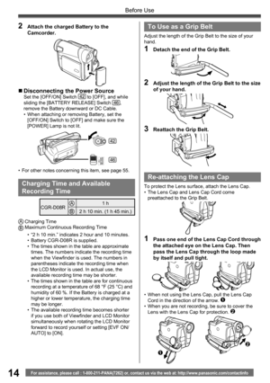 Page 1414For assistance, please call : 1-800-211-PANA(7262) or, contact us via the web at: http://www.panasonic.com/contactinfo
Before Use
•  For other notes concerning this item, see page 55.
„ Disconnecting the Power SourceSet the [OFF/ON] Switch 42 to [OFF], and while 
sliding the [BATTERY RELEASE] Switch 46, 
remove the Battery downward or DC Cable.
•  When attaching or removing Battery, set the 
[OFF/ON] Switch to [OFF] and make sure the 
[POWER] Lamp is not lit.
Charging Time and Available 
Recording...