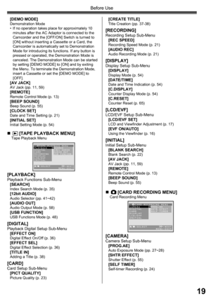 Page 1919
Before Use
„   [TAPE PLAYBACK MENU]Tape Playback Menu
[PLAYBACK]Playback Functions Sub-Menu
[SEARCH]
Index Search Mode (p. 35)[12bit AUDIO]Audio Selector (pp. 41~42)[AUDIO OUT]Audio Output Mode (p. 58)[USB FUNCTION]USB Functions Mode (p. 48)
[DIGITAL]Playback Digital Setup Sub-Menu
[EFFECT ON]
Digital Effect On/Off (p. 36)[EFFECT SEL]Digital Effect Selection (p. 36)[TITLE IN]Adding a Title (p. 38)
[CARD]Card Setup Sub-Menu
[PICT QUALITY]
Picture Quality (p. 23)
„   [CARD RECORDING MENU]Card Recording...