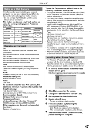 Page 4747
With a PC
To use the Camcorder as a Web Camera, the 
following conditions must be met.
•  To upgrade Windows XP to SP2 or later, click [Start] 
>> [All Programs] >> [Windows Update]. (Requires 
Internet connection.)
•  You have direct dial-up connection capability to the 
Internet. Also, you and the other person(s) are in the 
same Network (LAN).
•  Install the Windows Messenger (Windows XP) or 
MSN Messenger (Windows 98SE/Me/2000). If you 
have a version older than 5.0, please download the 
latest...