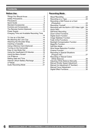 Page 66For assistance, please call : 1-800-211-PANA(7262) or, contact us via the web at: http://www.panasonic.com/contactinfo
Contents 
Things You Should Know ..................................2
Safety Precautions ............................................2
Precautions .......................................................5
Quick Guide ......................................................8
Standard Accessories .....................................10
Controls and Components ..............................10...