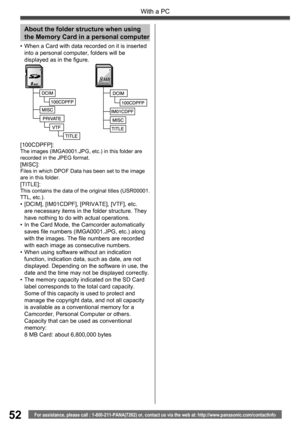 Page 5252
With a PC
For assistance, please call : 1-800-211-PANA(7262) or, contact us via the web at: http://www.panasonic.com/contactinfo
•  When a Card with data recorded on it is inserted 
into a personal computer, folders will be 
displayed as in the figure.
[100CDPFP]:
The images (IMGA0001.JPG, etc.) in this folder are 
recorded in the JPEG format.
[MISC]:Files in which DPOF Data has been set to the image 
are in this folder.
[TITLE]:This contains the data of the original titles (USR00001.
TTL, etc.).
•...