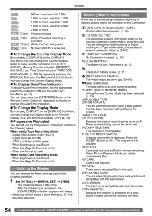 Page 5454
Others
For assistance, please call : 1-800-211-PANA(7262) or, contact us via the web at: http://www.panasonic.com/contactinfo
SVGA:800 or more, less than 1 024XGA:1 024 or more, less than 1 280SXGA:1 280 or more, less than 1 600UXGA:1 600 or more, less than 2 048QXGA:2 048 or morePICTURE (Cyan):
Photoshot ModePICTURE (Red):
While Photoshot recording is 
activated
PICTURE (Green):While the Card being readPICTURE (Red):No Card (Still Picture Mode)
„ To Change the Counter Display ModeBy changing...