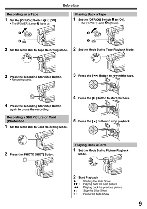 Page 99
Before Use
Recording on a Tape
1  Set the [OFF/ON] Switch 1 to [ON].•  The [POWER] Lamp 2 lights up.
2  Set the Mode Dial to Tape Recording Mode.
3  Press the Recording Start/Stop Button.• Recording starts.
1
2
1  Set the Mode Dial to Card Recording Mode.
2  Press the [PHOTO SHOT] Button.
Recording a Still Picture on Card 
(Photoshot)
1  Set the [OFF/ON] Switch 1 to [ON].• The [POWER] Lamp 2 lights up.
2  Set the Mode Dial to Tape Playback Mode.
3  Press the [◄◄] Button to rewind the tape.
4  Press the...