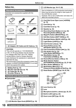 Page 1010For assistance, please call : 1-800-211-PANA(7262) or, contact us via the web at: http://www.panasonic.com/contactinfo
Before Use
Standard Accessories
Illustrated are accessories supplied with the 
Camcorder.
1)  AC Adaptor, DC Cable and AC Cable (p. 13)
1)
2) 3) 4)
5)
PV-DAC11
LSJA0280
LSFC0018
2)  Battery Pack (p. 13)
3)  Mini DV Tape (60 min.) (p. 15)
4)  AV Cable (pp. 40, 42)
5)  Shoulder Strap (p. 15)CAUTION:
This unit will operate on 110/120/220/240 
V AC. An AC plug adaptor may be required 
for...