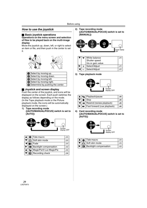 Page 20Before using
20LSQT0973
How to use the joystick
ªBasic joystick operationsOperations on the menu screen and selection 
of files to be played back on the multi-image 
display
Move the joystick up, down, left, or right to select 
an item or file, and then push in the center to set 
it.
ª
Joystick and screen displayPush the center of the joystick, and icons will be 
displayed on the screen. Each push switches the 
display as follows depending on the mode.
(In the Tape playback mode or the Picture 
playback...