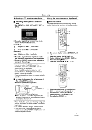 Page 23Before using
23LSQT0973
Adjusting LCD monitor/viewfinder
ªAdjusting the brightness and color 
level
1
Set [SETUP] >> [LCD SET] or [EVF SET] >> 
[YES].
2Move the joystick up or down in order to 
select the item to be adjusted.
[LCD SET]
: Brightness of the LCD monitor
: Color level of the LCD monitor
[EVF SET]
: Brightness of the viewfinder
3Move the joystick left or right to move the 
bar indication representing the brightness.
4Press the [MENU] button or the joystick to 
complete the settings.
≥In order...