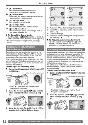 Page 3232
Recording Mode
For assistance, please call : 1-800-211-PANA(7262) or, contact us via the web at: http://www.panasonic.com/contactinfo
3/3
3/3
     SP 3h59m59s29f
R2:00
 ►
12:34:56AM
JAN  2 2005
3/3
     SP 3h59m59s29f
R2:00
 ►
12:34:56AM
JAN  2 2005
3/3
     SP 3h59m59s29f
R2:00
 ►
12:34:56AM
JAN  2 2005
3/3
     SP 3h59m59s29f
R2:00
 ►
12:34:56AM
JAN  2 2005
3/3
„ To Cancel the Scene ModeSet [  BASIC] >> [  SCENE MODE] >> [OFF]. Or, 
set the [AUTO/MANUAL/FOCUS] Switch to [AUTO].
•  For other notes...