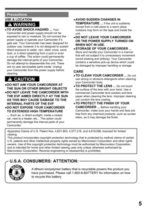 Page 55
Apparatus Claims of U.S. Patent Nos. 4,631,603, 4,577,216, and 4,819,098, licensed for limited 
viewing.
This product incorporates copyright protection technology that is protected by method claims of certain 
U.S. patents and other intellectual property rights owned by Macrovision Corporation and other rights 
owners. Use of this copyright protection technology must be authorized by Macrovision Corporation, 
and is intended for home and other limited viewing uses only unless otherwise authorized by...