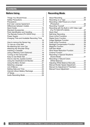Page 88For assistance, please call : 1-800-211-PANA(7262) or, contact us via the web at: http://www.panasonic.com/contactinfo
Contents
About Recording .............................................25
Recording on a Tape ......................................25
Recording a Still Picture on a Card 
  (Photoshot) ...................................................26
Recording Yourself .........................................27
Recording with the Built-in LED Video Light 
  (For PV-GS31/PV-GS35)...