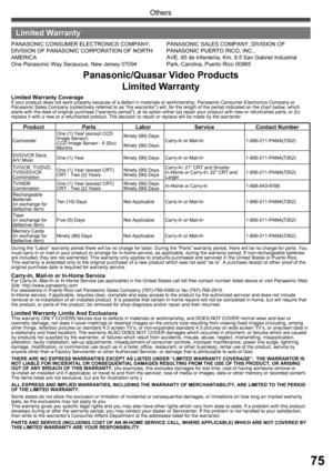 Page 7575
Others
  Limited Warranty
PANASONIC CONSUMER ELECTRONICS COMPANY, 
DIVISION OF PANASONIC CORPORATION OF NORTH 
AMERICA
One Panasonic Way Secaucus, New Jersey 07094PANASONIC SALES COMPANY, DIVISION OF 
PANASONIC PUERTO RICO, INC.,
AVE. 65 de Infantería, Km. 9.5 San Gabriel Industrial 
Park, Carolina, Puerto Rico 00985
Panasonic/Quasar Video Products
Limited Warranty
Limited Warranty CoverageIf your product does not work properly because of a defect in materials or workmanship, Panasonic Consumer...