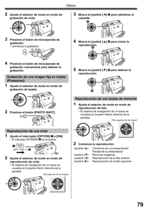 Page 7979
Others
2  Ajuste el selector de modo en modo de 
grabación de cinta.
3  Presione el botón de inicio/parada de 
grabación.
•  Comienza la grabación.
1  Ajuste el selector de modo en modo de 
grabación de tarjeta.
2  Presione el botón [PHOTO SHOT].
Grabación de una imagen fija en tarjeta 
(Photoshot)
1  Ajuste el interruptor [OFF/ON] 1 a [ON].•  El indicador [POWER] 2 se enciende.
2  Ajuste el selector de modo en modo de 
reproducción de cinta.
•  El sistema de navegación de un toque se 
visualiza en la...