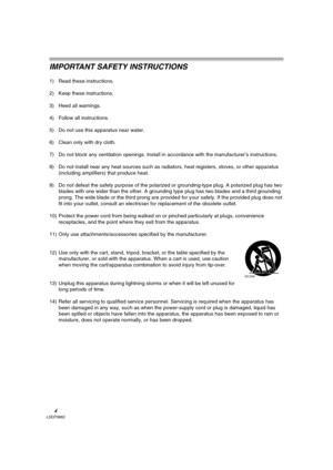 Page 44LSQT0862
IMPORTANT SAFETY INSTRUCTIONS
1) Read these instructions.
2) Keep these instructions.
3) Heed all warnings.
4) Follow all instructions.
5) Do not use this apparatus near water.
6) Clean only with dry cloth.
7) Do not block any ventilation openings. Install in accordance with the manufacturer’s instructions.
8) Do not install near any heat sources such as radiators, heat registers, stoves, or other apparatus 
(including amplifiers) that produce heat.
9) Do not defeat the safety purpose of the...