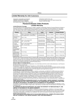 Page 84Others
84LSQT0862
Limited Warranty (For USA Customers)
Panasonic/Quasar Video Products 
Limited Warranty 
Product
Camcorder
DVD/VCR Deck,
A/V Mixer 
TV/VCR, TV/DVD,
TV/DVD/VCR
Combination 
TV/HDR
Combination
Rechargeable
Batteries
(in exchange for
defective item)  
Tape
(in exchange for
defective item)   
Memory Cards
(in exchange for
defective item)   
LaborNinety (90) Days 
Ninety (90) Days 
Ninety (90) Days 
Ninety (90) Days 
Ninety (90) Days 
Ninety (90) Days 
Ninety (90) Days 
Not Applicable 
Not...