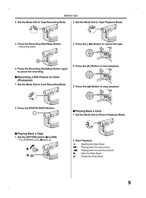 Page 99
Before Use
2  Set the Mode Dial to Tape Recording Mode.
3  Press the Recording Start/Stop Button.
• Recording starts.
1  Set the Mode Dial to Card Recording Mode.
2  Press the [PHOTO SHOT] Button.
 Recording a Still Picture on Card  
 (Photoshot)
1  Set the [OFF/ON] Switch 1 to [ON].•  The [POWER] Lamp 2 lights up.
2  Set the Mode Dial to Tape Playback Mode.
3  Press the [ 
 ] Button to rewind the tape.
4  Press the [►] Button to start playback.
5  Press the [ 
 ] Button to stop playback.
 Playing Back...