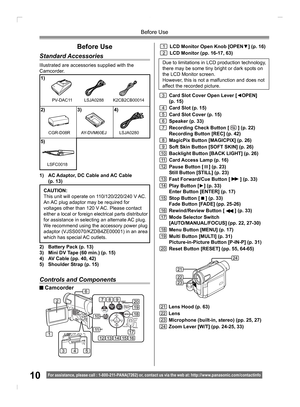 Page 1010For assistance, please call : 1- 800-211- PANA(7262) or, contact us via the web at: http://w w w.panasonic.com /contactinfo
Before Use
Before Use
Standard Accessories
Illustrated are accessories supplied with the 
Camcorder.
1)  AC Adaptor, DC Cable and AC Cable
 (p. 13)
1)
2) 3) 4)
5)
PV-DAC11
LSJA0280
LSFC0018
2)  Battery Pack (p. 13)
3)  Mini DV Tape (60 min.) (p. 15)
4)  AV Cable (pp. 40, 42)
5)  Shoulder Strap (p. 15)CAUTION:
This unit will operate on 110/120/220/240 V AC. 
An AC plug adaptor may...