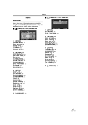 Page 63Menu
63LSQT1091
Menu
Menu list
Menu figures and illustrations are provided for 
easy-to-understand explanations and so they are 
different from the actual menu indications.
ª
[TAPE RECORDING MENU]
1) [BASIC]
[SCENE MODE] -38-[REC SPEED] -28-[WIND CUT] -36-[ASPECT] -37-[CLOCK SET] -17-
2) [ADVANCED]
[PICT.QUALITY] -32-[PICTURE SIZE] -30-[O.I.S.] -38-[GUIDE LINES] -38-[FADE COLOR] -36-[AUDIO REC] -65-[USB FUNCTION] -55-[D.ZOOM] -33-[ZOOM MIC] -33-
3) [SETUP]
[DISPLAY] -65-[DATE/TIME] -65-[POWER SAVE]...