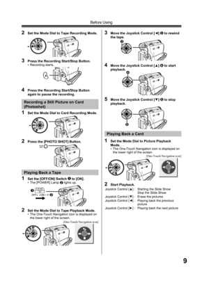 Page 99
Before Using
2  Set the Mode Dial to Tape Recording Mode.
3  Press the Recording Start/Stop Button.• Recording starts.
1  Set the Mode Dial to Card Recording Mode.
2  Press the [PHOTO SHOT] Button.
Recording a Still Picture on Card 
(Photoshot)
1  Set the [OFF/ON] Switch 1 to [ON].•  The [POWER] Lamp 2 lights up.
2  Set the Mode Dial to Tape Playback Mode.•  The One-Touch Navigation icon is displayed on 
the lower right of the screen.
3  Move the Joystick Control [◄] 3 to rewind 
the tape.
4  Move the...