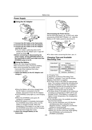 Page 14Before Use
-14-
Power Supply
ªUsing the AC Adaptor
1
Connect the DC Cable to the Camcorder.2Connect the DC Cable to the AC Adaptor.3Connect the AC Cable to the AC Adaptor 
and the AC Jack.
≥The AC Cable’s outlet plug does not fit 
entirely into the AC Adaptor jack. A gap will 
remain as shown 1.
≥Before connecting or disconnecting the 
power supply, set the [OFF/ON] Switch on 
the Camcorder to [OFF] and make sure that 
[POWER] Lamp is not lit.
ªUsing the BatteryBefore use, fully charge the Battery.
≥We...