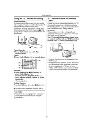 Page 38Editing Mode
-38-
Using the DV Cable for Recording
(Digital Dubbing)
By connecting this Camcorder with other digital 
video equipment (such as another Camcorder of 
the same format/model) that has a DV 
input/output terminal, and using a 4-pin to 4-pin 
DV Interface cable PV-DDC9 (optional) 1, high 
quality images and sounds can be dubbed in the 
digital mode.
Player/Recorder:
1Insert the Cassette and set to Tape 
Playback Mode.
Player:
2Press the [1] Button (72) to start playback.
Recorder:
3While...