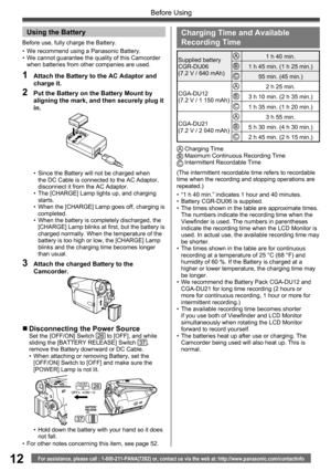 Page 1212For assistance, please call : 1-800-211-PANA(7262) or, contact us via the web at: http://www.panasonic.com/contactinfo
Before Using
  Using the Battery
•  We recommend using a Panasonic Battery.
•  We cannot guarantee the quality of this Camcorder 
when batteries from other companies are used.
1  Attach the Battery to the AC Adaptor and 
charge it.
2  Put the Battery on the Battery Mount by 
aligning the mark, and then securely plug it 
in.
Before use, fully charge the Battery.
•  Since the Battery...