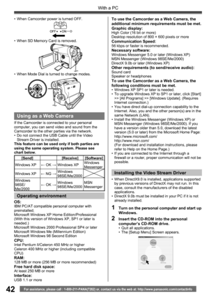 Page 4242
With a PC
For assistance, please call : 1-800-211-PANA(7262) or, contact us via the web at: http://www.panasonic.com/contactinfo
•  When Camcorder power is turned OFF.
•  When SD Memory Card is removed.
•  When Mode Dial is turned to change modes.
This feature can be used only if both parties are 
using the same operating system. Please see 
chart below.
[Send] [Receive] [Software]
Windows XP← OK →Windows XPWindows 
Messenger
Windows XP← NG →Windows 
98SE/Me/2000
Windows 
98SE/
Me/2000← OK →Windows...