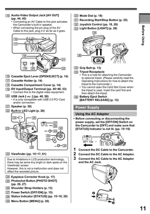 Page 1111
Before Using
Due to limitations in LCD production technology, 
there may be some tiny bright or dark spots on the 
Viewfinder screen.
However, this is not a malfunction and does not 
affect the recorded picture.
2219
17
20
18
16Cassette Eject Lever [OPEN/EJECT] (p. 14)
17Cassette Holder (p. 14)
18Cassette Compartment Cover (p. 14)
19DV Input/Output Terminal (pp. 45~46, 53)•  Connect this to the digital video equipment.
20USB Jack [  ] (pp. 48, 50)•  It is only compatible with USB 2.0 PCI Card 
and/or...