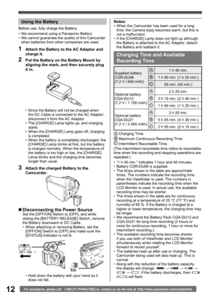 Page 1212For assistance, please call : 1-800-211-PANA(7262) or, contact us via the web at: http://www.panasonic.com/contactinfo
  Using the Battery
•  We recommend using a Panasonic Battery.
•  We cannot guarantee the quality of this Camcorder 
when batteries from other companies are used.
1  Attach the Battery to the AC Adaptor and 
charge it.
2  Put the Battery on the Battery Mount by 
aligning the mark, and then securely plug 
it in.
Before use, fully charge the Battery.
Charging Time and Available...