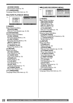 Page 2222For assistance, please call : 1-800-211-PANA(7262) or, contact us via the web at: http://www.panasonic.com/contactinfo
„  [TAPE PLAYBACK MENU]
BASIC
ADVANCED
SETUP
LANGUAGE
SETUP   ENTER    EXIT
BASIC
DATE/TIMED/T
SETUP   ENTER    EXITe.g.,
[  BASIC]Basic Setup Sub-Menu
[  DATE/TIME]Date and Time Indication (pp. 23, 56)
[  ADVANCED]Advance Setup Sub-Menu
[  REC SPEED]Recording Speed Mode (p. 24)[  REC STDBY]Recording Standby Mode (p. 45)[  PICT.QUALITY]Picture Quality (p. 27)[  REPEAT PLAY]Repeat Play...