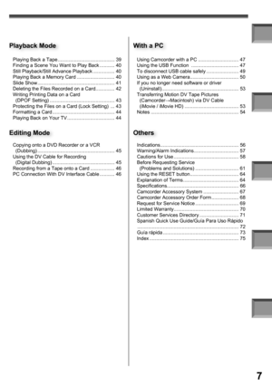 Page 77
Playing Back a Tape .......................................... 39
Finding a Scene You Want to Play Back ........... 40
Still Playback/Still Advance Playback ................ 40
Playing Back a Memory Card ............................ 40
Slide Show ......................................................... 41
Deleting the Files Recorded on a Card .............. 42
Writing Printing Data on a Card 
  (DPOF Setting) ................................................ 43
Protecting the Files on a Card (Lock...