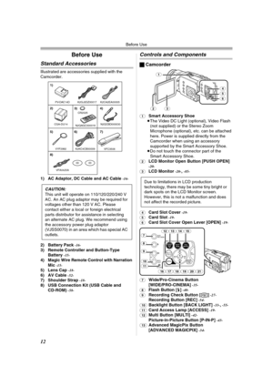 Page 12Before Use
12
Before Use
Standard Accessories
Illustrated are accessories supplied with the 
Camcorder.
1) AC Adaptor, DC Cable and AC Cable 
-16-
2) Battery Pack -16-3) Remote Controller and Button-Type 
Battery -15-4) Magic Wire Remote Control with Narration 
Mic -15-5) Lens Cap -18-6) AV Cable -52-7) Shoulder Strap -18-8) USB Connection Kit (USB Cable and 
CD-ROM) -58-
CAUTION:This unit will operate on 110/120/220/240 V 
AC. An AC plug adaptor may be required for 
voltages other than 120 V AC. Please...