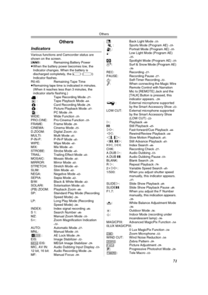 Page 71Others
71
Others
Indicators
Various functions and Camcorder status are 
shown on the screen.
r: Remaining Battery Power
≥When the battery power becomes low, the 
Indicator changes. When the battery is 
discharged completely, the u (v) 
Indicator flashes.
R0:45: Remaining Tape Time
≥Remaining tape time is indicated in minutes. 
(When it reaches less than 3 minutes, the 
indicator starts flashing.)
: Tape Recording Mode 
-27-: Tape Playback Mode -44-: Card Recording Mode -29-: Picture Playback Mode -47-:...