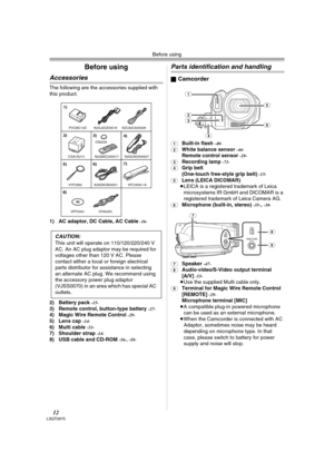 Page 12Before using
12LSQT0975
Before using
Accessories
The following are the accessories supplied with 
this product.
1) AC adaptor, DC Cable, AC Cable 
-16-
2) Battery pack -15-3) Remote control, button-type battery -27-4) Magic Wire Remote Control -29-5) Lens cap -14-6) Multi cable -53-7) Shoulder strap -14-8) USB cable and CD-ROM -56-, -58-
Parts identification and handling
ªCamcorder
(1)Built-in flash -40-
(2)White balance sensor -44-Remote control sensor -28-
(3)Recording lamp -71-
(4)Grip belt...