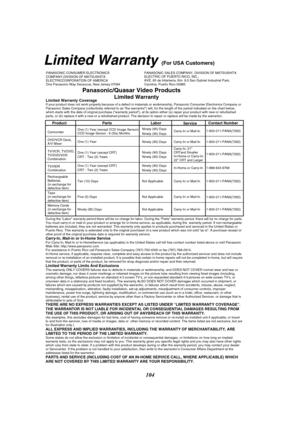 Page 104104
Limited Warranty (For USA Customers)
Panasonic/Quasar Video Products 
Limited Warranty 
Product
Camcorder
DVD/VCR Deck,
A/V Mixer 
TV/VCR, TV/DVD,
TV/DVD/VCR
Combination 
TV/HDR
Combination
Rechargeable
Batteries
(in exchange for
defective item)  
Tape
(in exchange for
defective item)   
Memory Cards
(in exchange for
defective item)   
LaborNinety (90) Days 
Ninety (90) Days 
Ninety (90) Days 
Ninety (90) Days 
Ninety (90) Days 
Ninety (90) Days 
Ninety (90) Days 
Not Applicable 
Not Applicable 
Not...