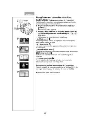 Page 14735
1
3
2
4
5
2
1MENU
PUSHMF / VOL / JOG W.B / SHUTTER / IRIS
AUTO
MANUAL
FOCUS
Enregistrement dans des situations 
particulières 
(Réglage automatique de I’exposition)
Il sélectionne les expositions optimales automatiquement lors de 
situations d’enregistrement particulières.
1Régler le commutateur du sélecteur de mode sur 
[MANUAL].
≥L’indication [MNL] apparaît.
2Régler [CAMERA FUNCTIONS] >> [CAMERA SETUP] 
>> [PROG.AE] >> dans le mode désiré [
5], [7], [4], 
[
Ω], [º].
≥L’indication du mode sélectionné...