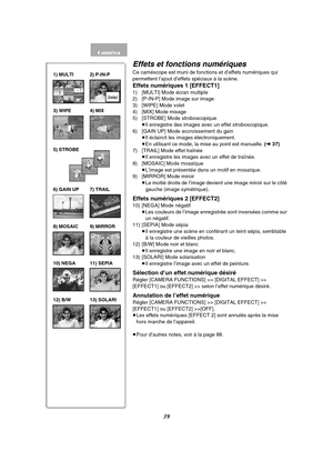 Page 15139
Effets et fonctions numériques
Ce caméscope est muni de fonctions et d’effets numériques qui 
permettent l’ajout d’effets spéciaux à la scène.
Effets numériques 1 [EFFECT1]
1) [MULTI] Mode écran multiple 
2) [P-IN-P] Mode image sur image 
3) [WIPE] Mode volet 
4) [MIX] Mode mixage 
5) [STROBE] Mode stroboscopique 
≥Il enregistre des images avec un effet stroboscopique.
6) [GAIN UP] Mode accroissement du gain 
≥Il éclaircit les images électroniquement.
≥En utilisant ce mode, la mise au point est...