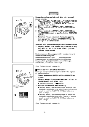 Page 16553
1
TAPECARDCARD
MODE
23
PHOTO
SHOT
MENUPUSHMF / VOL / JOGW.B / SHUTTER / IRIS
H1
Enregistrement sur carte à partir d’un autre appareil 
(mode caméra)
1Régler [CAMERA FUNCTIONS] ou [VCR FUNCTIONS] 
>> [CARD SETUP] >> [PICTURE QUALITY] >> une 
qualité d’image désirée.
2Glisser le sélecteur [TAPE/CARD/CARD MODE] sur 
[CARD].
3Glisser le sélecteur [TAPE/CARD/CARD MODE] sur 
[CARD MODE] jusqu’à ce que l’indication [PICTURE] 
s’affiche.
4Transférer l’image provenant d’un autre appareil, 
puis appuyer sur la...