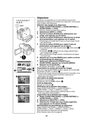 Page 17260
SLIDE5
SLIDE6
EDIT
PUSH MENU TO RETURN
No.59SECNo.59SEC2
1
3
M.SLIDE4
1, 2, 3, 4, 5, 6, 7
1, 2, 3
MENUPUSHMF / VOL / JOG W.B / SHUTTER / IRIS
BACK
LIGHT8
Diaporama
Les photos sauvegardées sur la carte mémoire peuvent être 
présentées en séquence à la manière d’un diaporama. Vous pouvez 
créer et éditer votre diaporama.
Sélection des images d’un diaporama1Régler [CARD FUNCTIONS] >> [CARD EDITING] >> 
[SLIDE SHOW] >> [YES].
≥L’écran d’édition de diaporama s’affiche.2Sélectionner [EDIT] >> [YES].3Tourner...