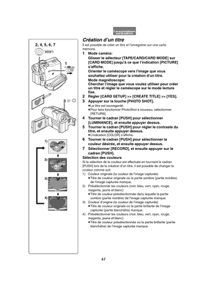 Page 17361
Création d’un titre
Il est possible de créer un titre et l’enregistrer sur une carte 
mémoire.
1Mode caméra:
Glisser le sélecteur [TAPE/CARD/CARD MODE] sur 
[CARD MODE] jusqu’à ce que l’indication [PICTURE] 
s’affiche.
Orienter le caméscope vers l’image que vous 
souhaitez utiliser pour la création d’un titre.
Mode magnétoscope:
Chercher l’image que vous voulez utiliser pour créer 
un titre et régler le caméscope sur le mode lecture 
fixe.
2Régler [CARD SETUP] >> [CREATE TITLE] >> [YES].
3Appuyer sur...