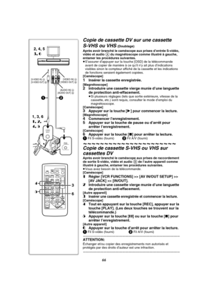 Page 17866
Copie de cassette DV sur une cassette 
S-VHS ou VHS 
(Doublage)
Après avoir branché le caméscope aux prises d’entrée S-vidéo, 
vidéo et audio 
A du magnétoscope comme illustré à gauche, 
entamer les procédures suivantes.
≥S’assurer d’appuyer sur la touche [OSD] de la télécommande 
avant de copier de manière à ce qu’il n’y ait plus d’indications 
visibles sinon le compteur affiché de la cassette et les indications 
de fonctions seraient également copiées. 
[Caméscope]
1Insérer la cassette enregistrée....