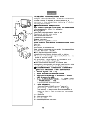 Page 18371
Utilisation comme caméra Web
Lorsque le caméscope est raccordé à un ordinateur personnel, il est 
possible d’envoyer sur le réseau les images captées par le 
caméscope. Le signal audio peut aussi être échangé si l’ordinateur 
est configuré correctement.
ªEnvironnement d’exploitation
Pour utiliser le caméscope comme caméra Web, les exigences 
minimales suivantes doivent être satisfaites.
Écran graphique:
Carte vidéo supportant couleurs 16 bits ou plus.
Résolution de 800k600 points ou plus.
Vitesse de...